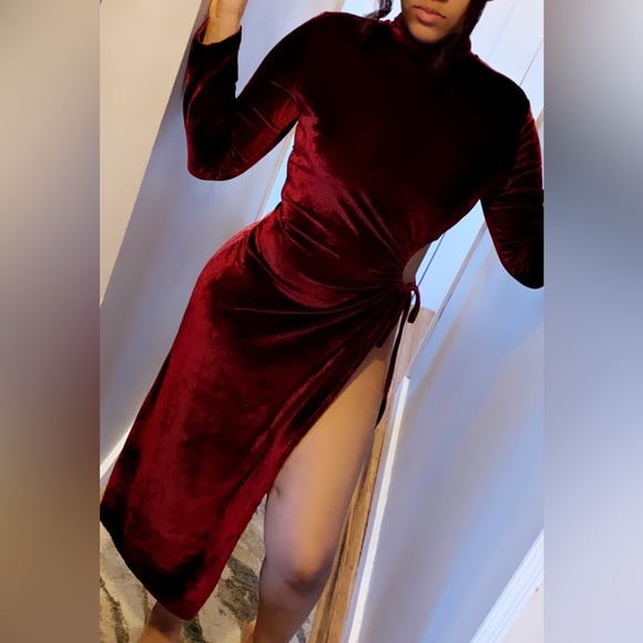 Women Long Sleeve Skinny Sexy Thigh Slit Dress  Hollow Out Ankle Length - Picture 2 of 2